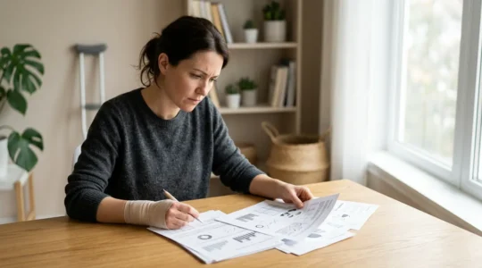 Personne en arrêt maladie consultant des documents d'assurance prévoyance dans un environnement calme et lumineux