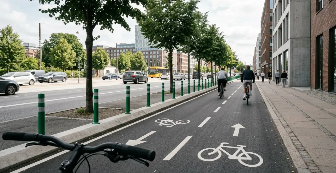 Infrastructure cyclable moderne avec séparation physique protégeant les cyclistes de la circulation automobile