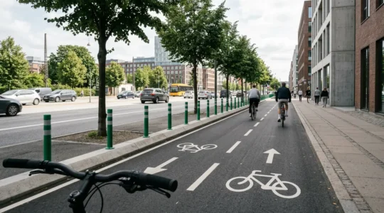 Infrastructure cyclable moderne avec séparation physique protégeant les cyclistes de la circulation automobile