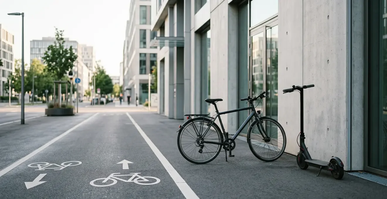 Scène urbaine de mobilité douce avec vélo et trottinette dans un environnement citadin moderne