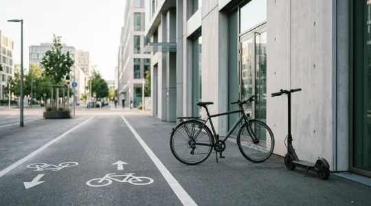 Scène urbaine de mobilité douce avec vélo et trottinette dans un environnement citadin moderne