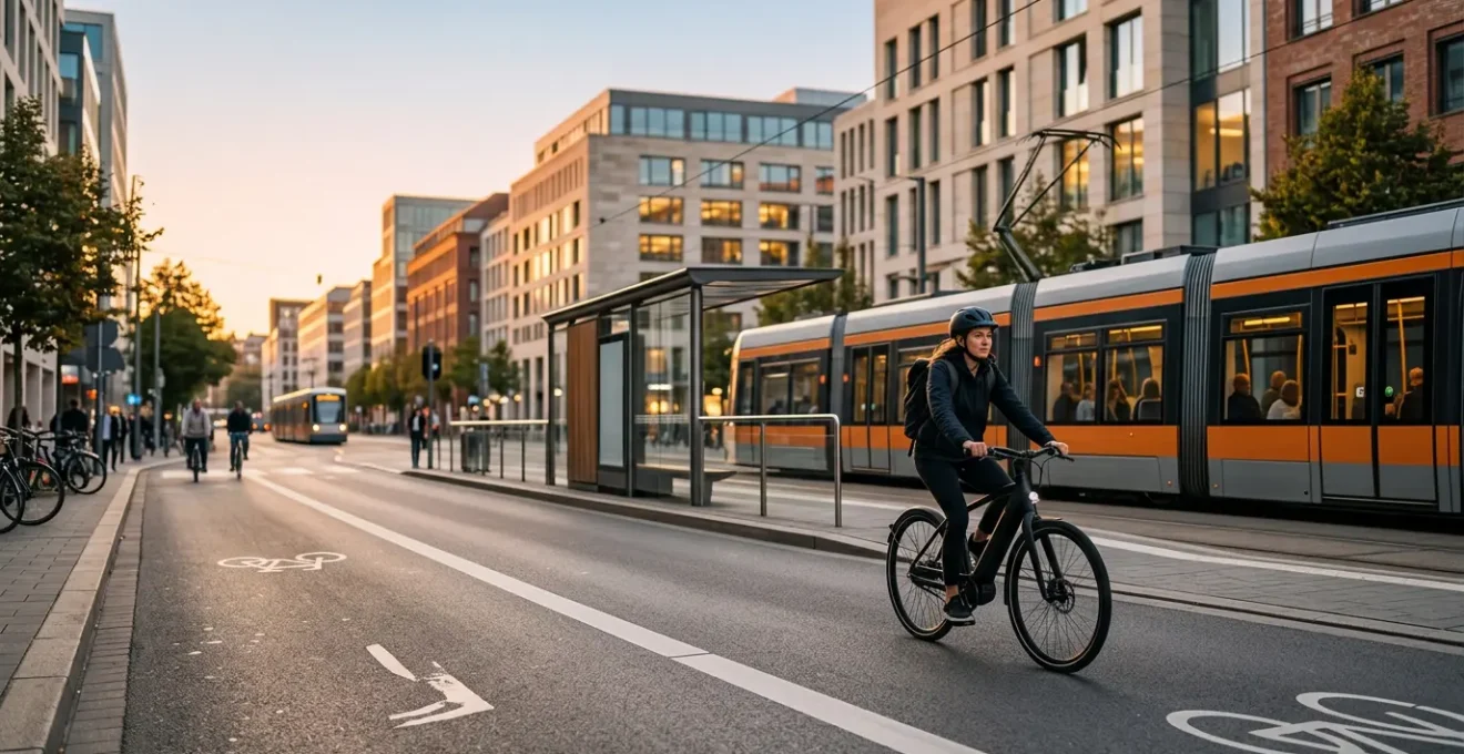 Scène urbaine contemporaine illustrant la mobilité douce avec vélos électriques et infrastructures de transport