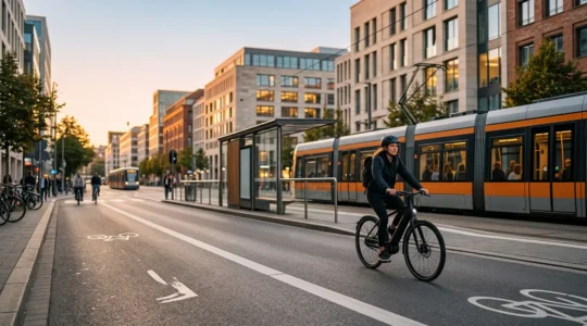 Scène urbaine contemporaine illustrant la mobilité douce avec vélos électriques et infrastructures de transport