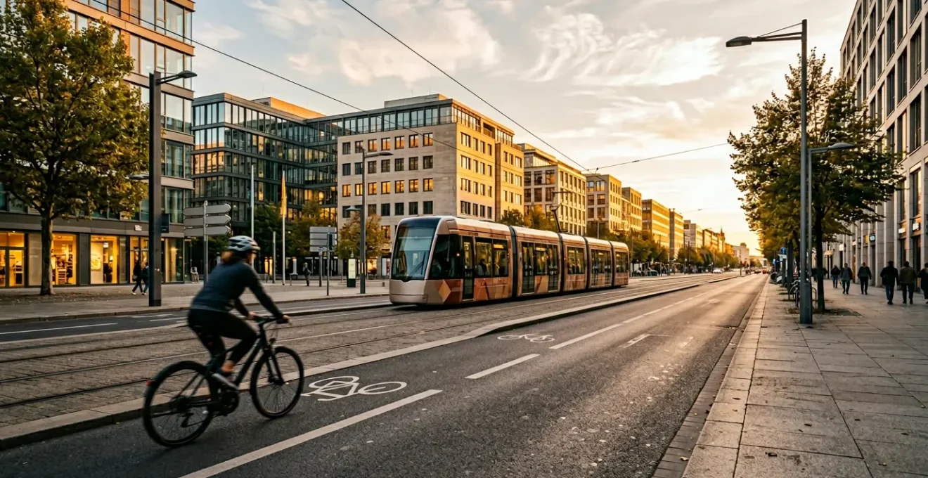 Vue urbaine montrant l'intégration de différents modes de transport dans une ville moderne