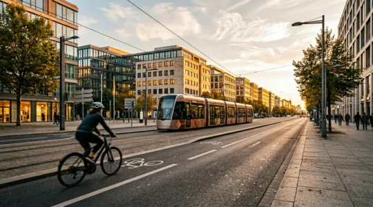 Vue urbaine montrant l'intégration de différents modes de transport dans une ville moderne